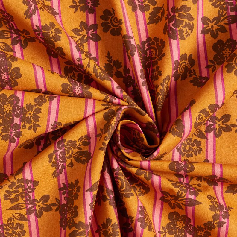 Tecido de algodão Cretone Flores e riscas – amarelo-caril/púrpura,  image number 3