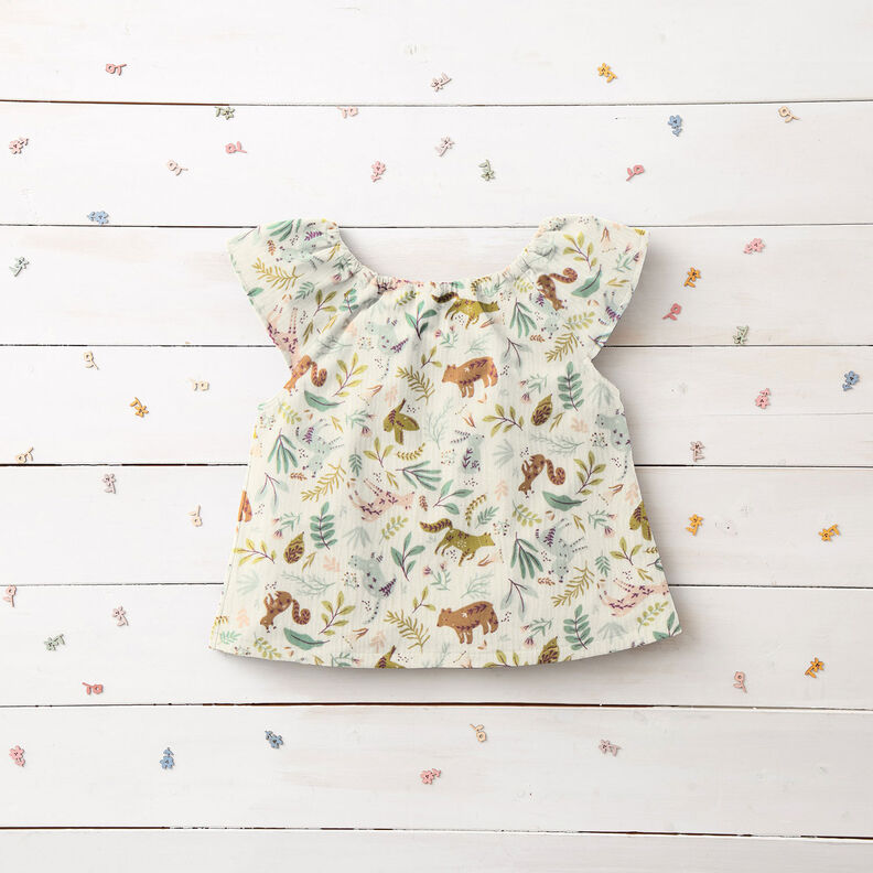 Musselina/ Tecido plissado duplo Animais da floresta Floral – branco sujo,  image number 6