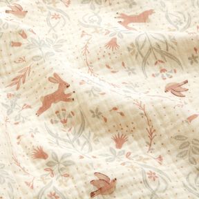 Musselina/ Tecido plissado duplo P&aacute;ssaro e coelho no jardim em flor &ndash; branco sujo, 