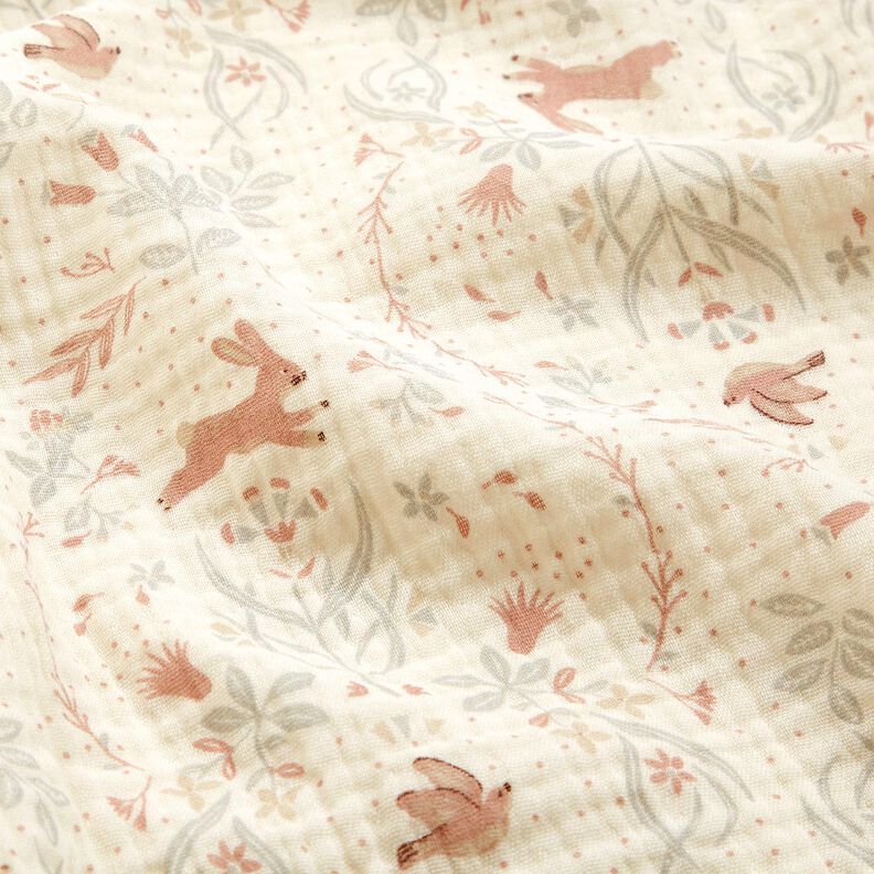 Musselina/ Tecido plissado duplo Pássaro e coelho no jardim em flor – branco sujo,  image number 2