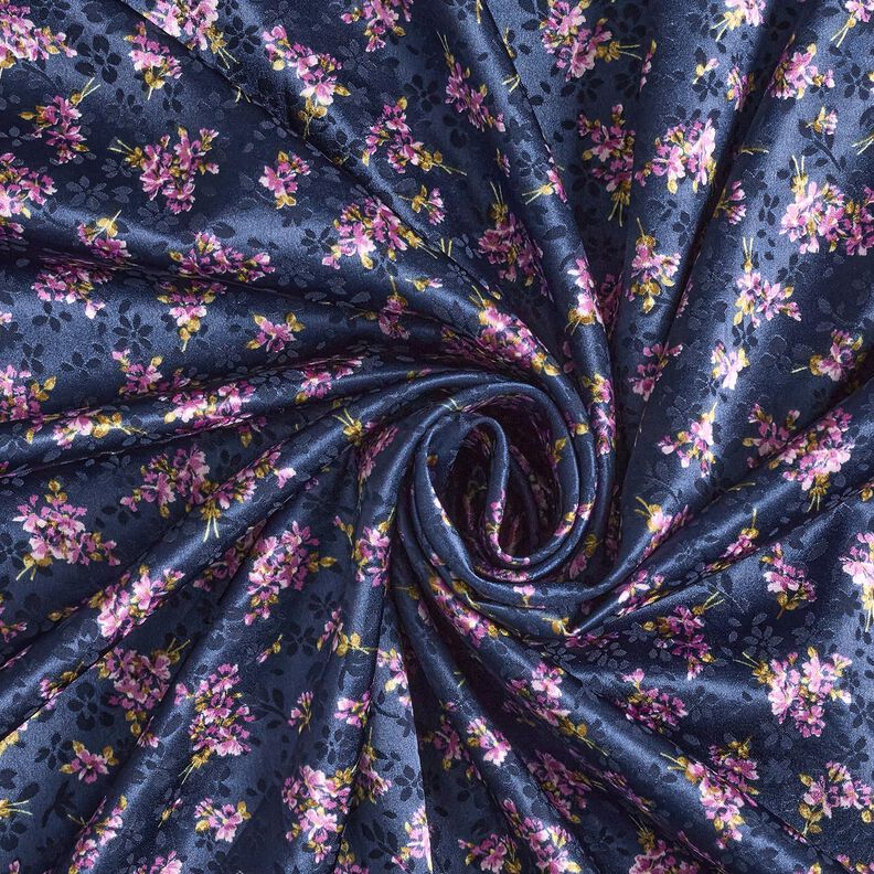 Cetim Stretch Jacquard Ramos de flores – azul-marinho,  image number 3