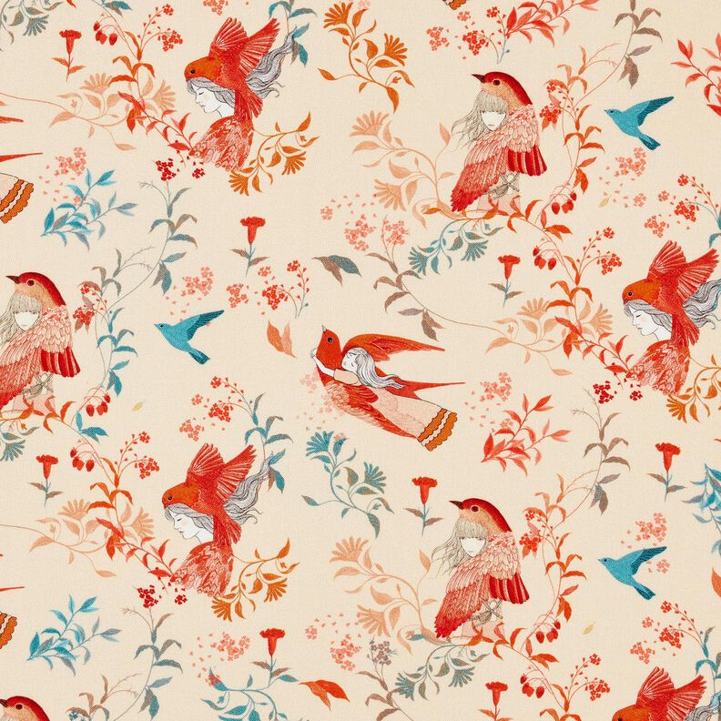 Tecido de viscose LENZING™ ECOVERO™ Pássaros e fadas | Katia Fabrics – creme/vermelho-fogo,  image number 1