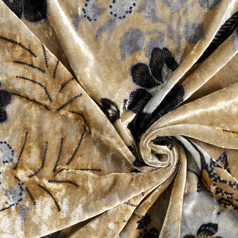 Veludo amarrotado Flores antigas – cinza claro/preto,  image number 3