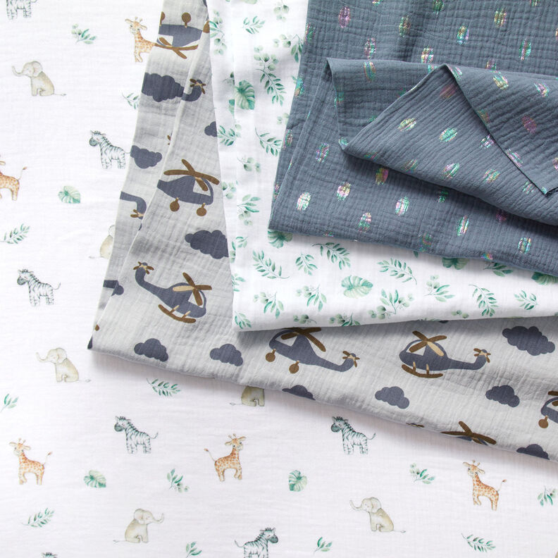 GOTS Musselina/ Tecido plissado duplo Folhas da selva | by Poppy – branco/menta clara,  image number 5