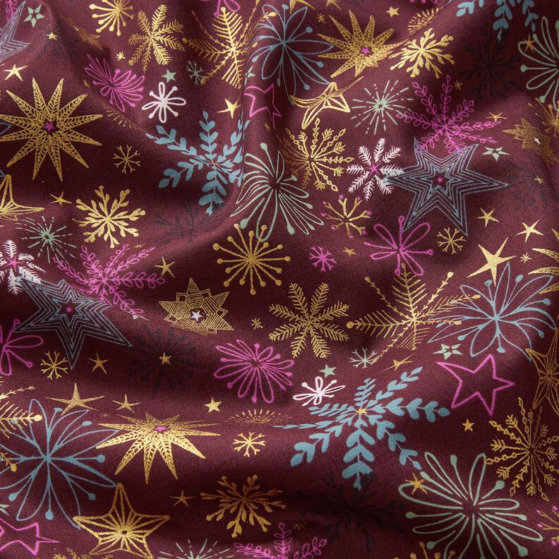 Tecido de algodão Popelina Mistura de estrelas – bordô/dourado,  image number 2