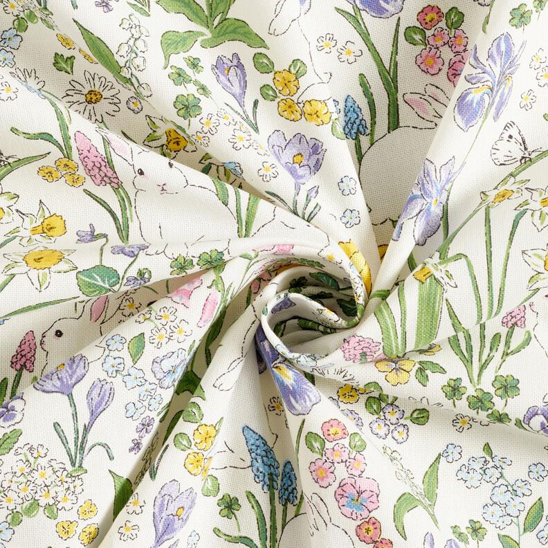 Tecido para decoração Meio linho Panamá Coelhinhos num prado florido – marfim/rosa-claro,  image number 3