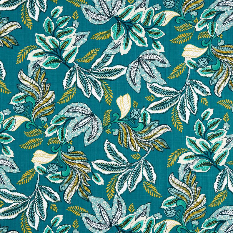 Tecido para decoração Panamá Folhas entrelaçadas – azul petróleo/mostarda,  image number 1