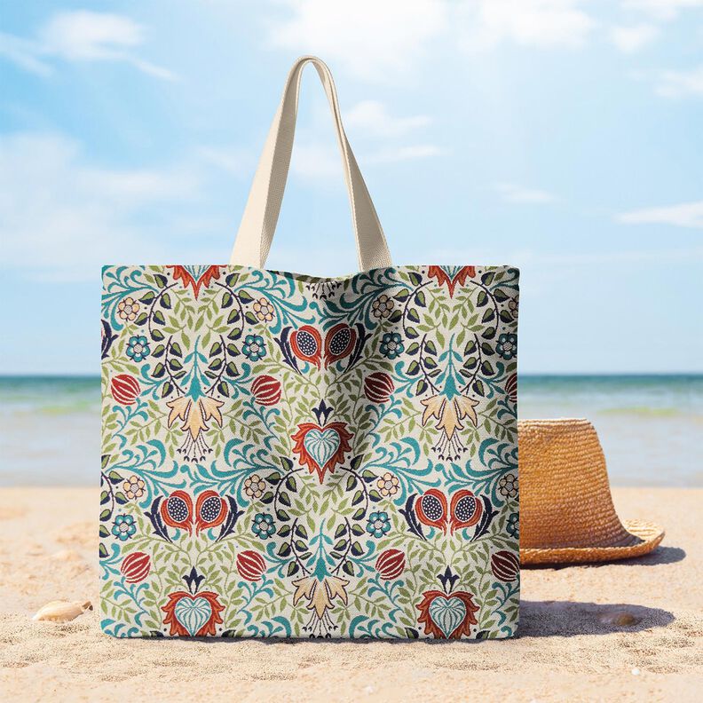 Tecido para decoração Gobelina Gavinha simétrica – bege claro/turquesa,  image number 8