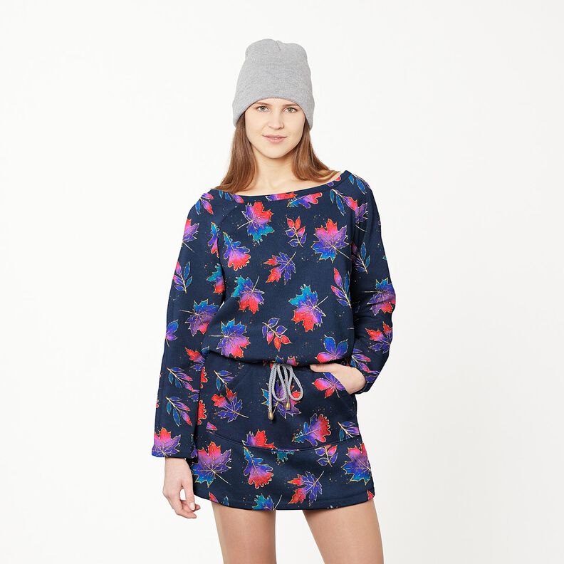 French Terry Folhas coloridas de outono | Glitzerpüppi – azul-noite/vermelho-fogo,  image number 5