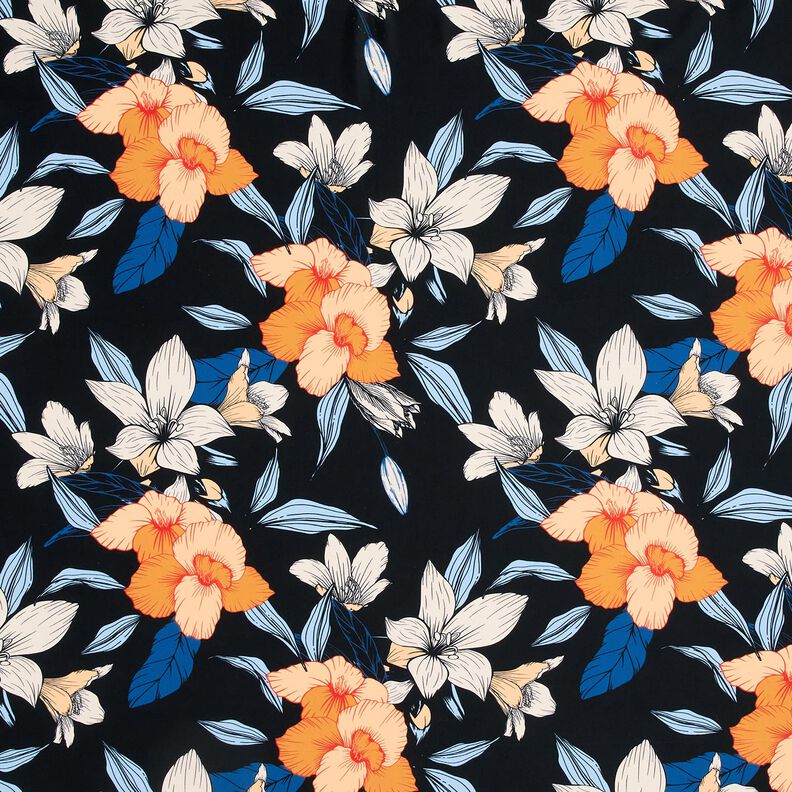 Tecido para fatos de banho Grandes flores de hibisco – preto azulado/damasco,  image number 1