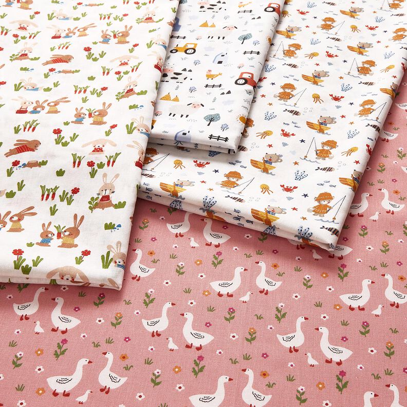 Popelina de algodão Coelhinhos no jardim – branco,  image number 5