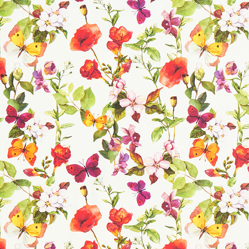 Tecido para exteriores Lona Flores e Borboletas – branco/roxo,  image number 1