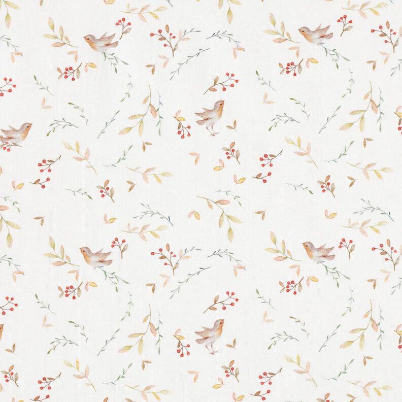 GOTS Jersey de algodão Pássaros na ramada Impressão Digital – marfim,  image number 1