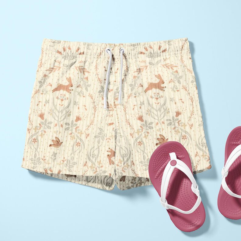 Musselina/ Tecido plissado duplo Pássaro e coelho no jardim em flor – branco sujo,  image number 6