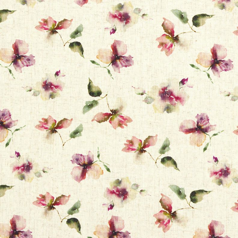 Mix de linho e viscose Flores em aguarela – natural/uva,  image number 1