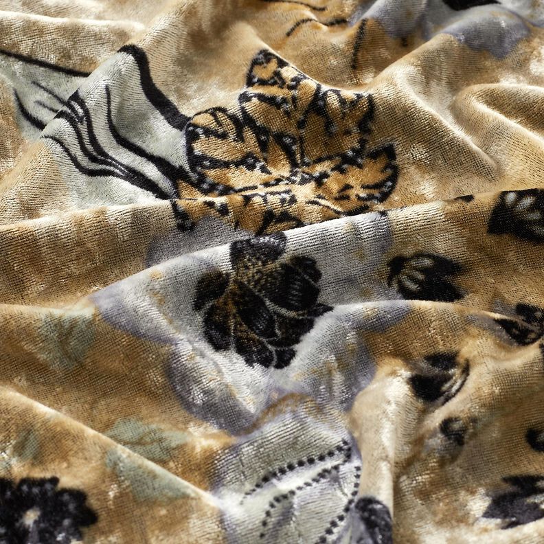 Veludo amarrotado Flores antigas – cinza claro/preto,  image number 2