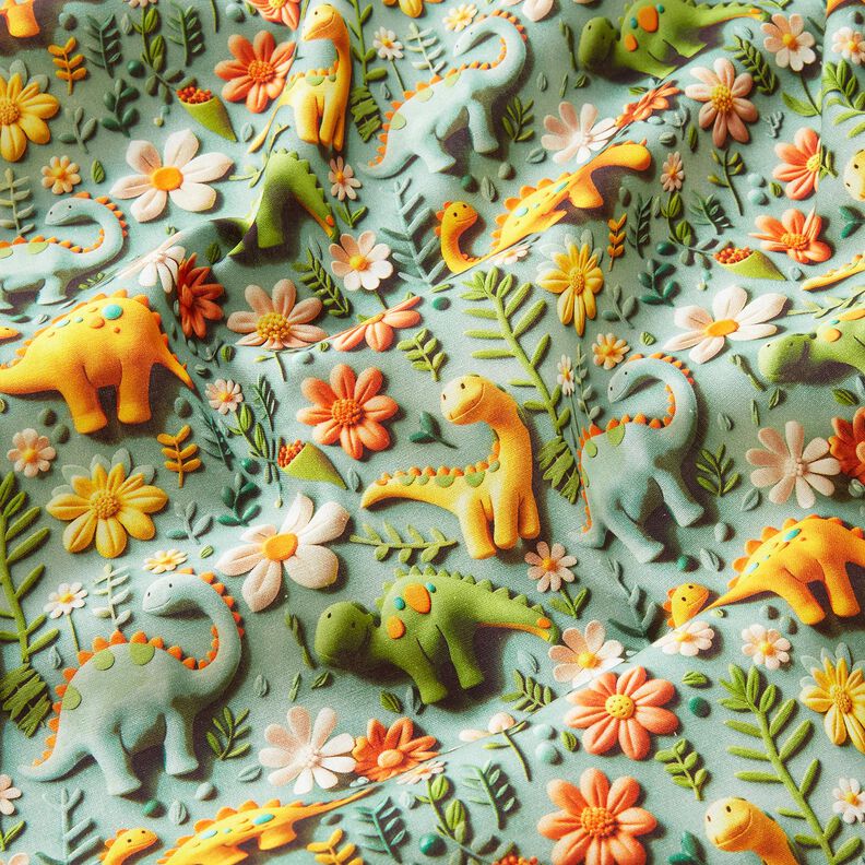 Popelina de algodão Dinossauros de plasticina Impressão Digital – verde amarelado,  image number 2