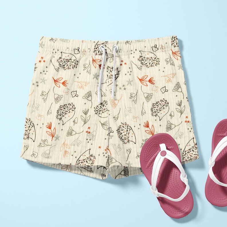 Musselina/ Tecido plissado duplo Ouriços e plantas florestais – branco sujo,  image number 6