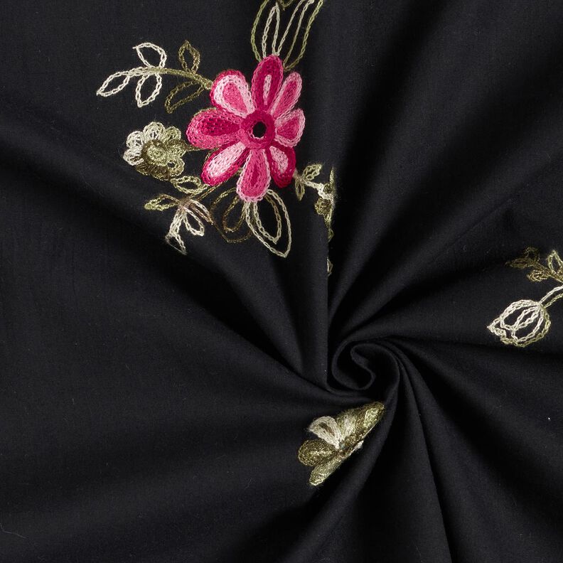 Popelina de algodão Bordado Ramos de flores – preto/baga,  image number 3