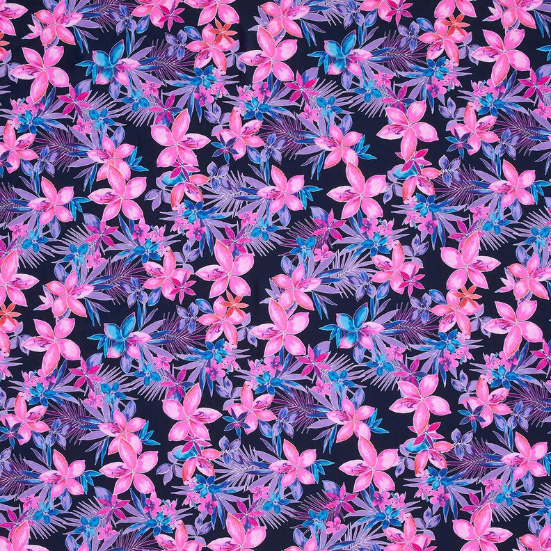 Tecido para fatos de banho Flores tropicais – azul-marinho/pink,  image number 1