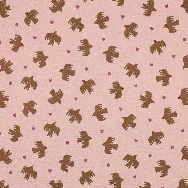 GOTS Musselina/ Tecido plissado duplo Pássaros e corações | Poppy Fabrics – rosa embaçado,  image number 1