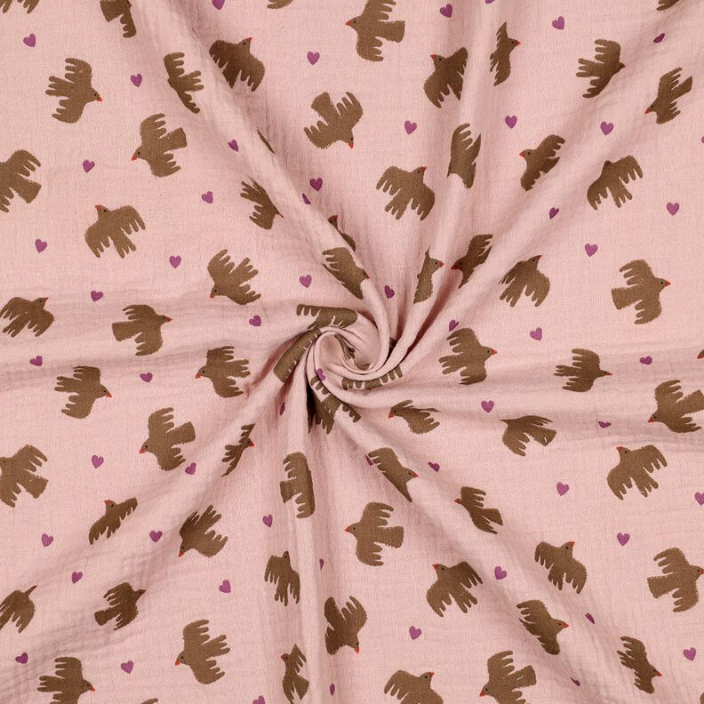 GOTS Musselina/ Tecido plissado duplo Pássaros e corações | Poppy Fabrics – rosa embaçado,  image number 4