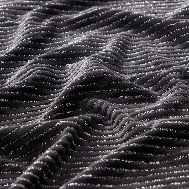 Tecido aveludado Nicki Riscas brilho – preto/prata metálica,  image number 2