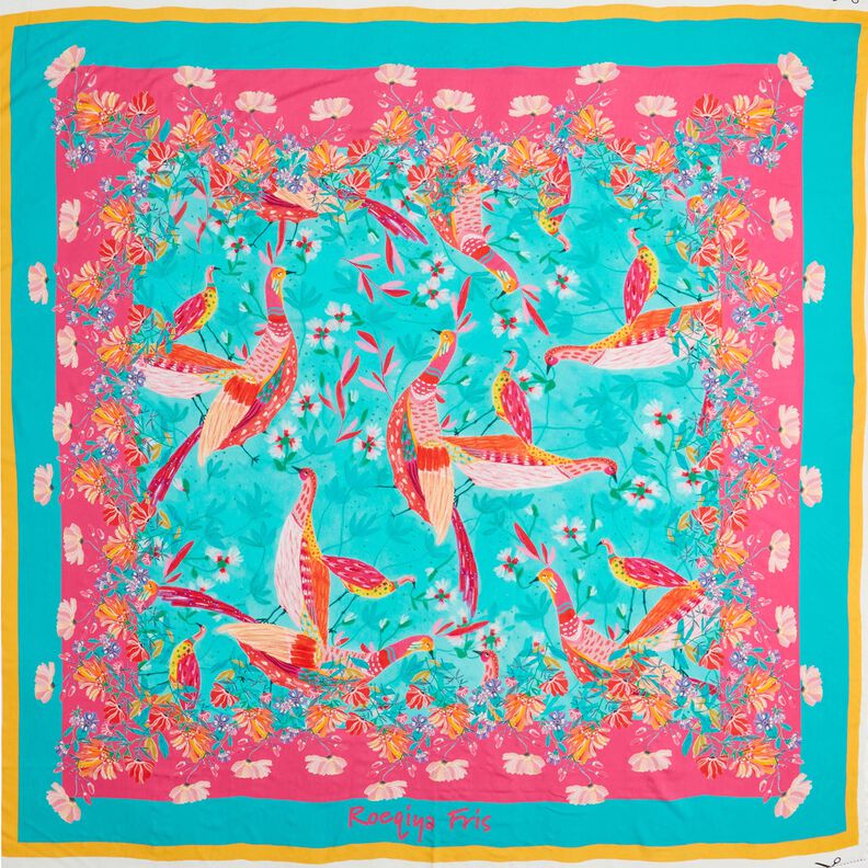 Moda de praia Pareo com painel Pavões e flores – azul marinho/rosa intenso,  image number 1