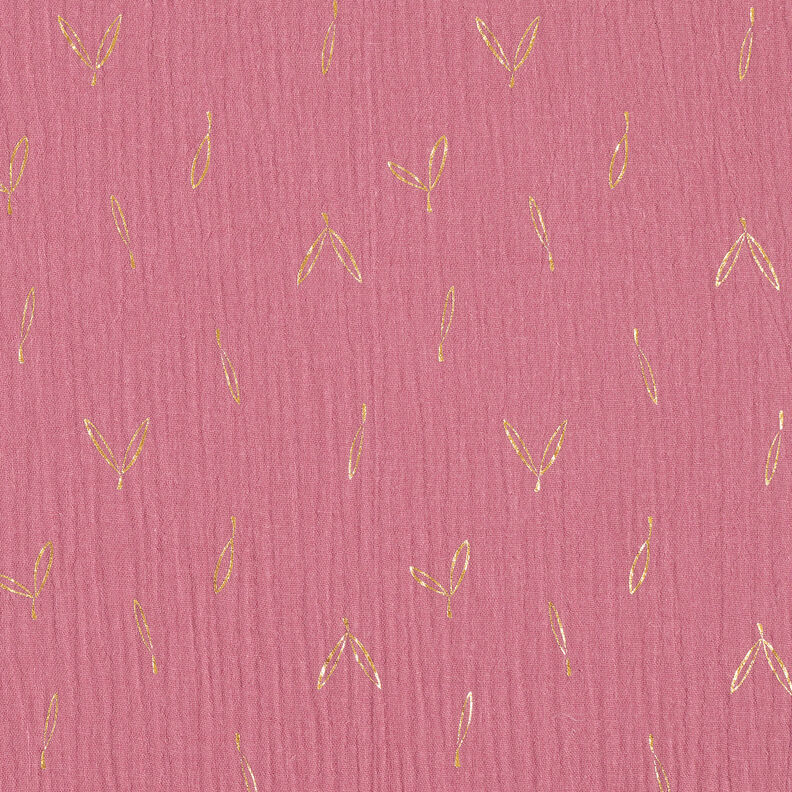 Musselina/ Tecido plissado duplo Estampado prateado Folhas – framboesa/dourado,  image number 1