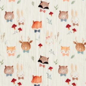 Musselina/ Tecido plissado duplo Cabeças de animais da floresta Impressão Digital – branco sujo, 