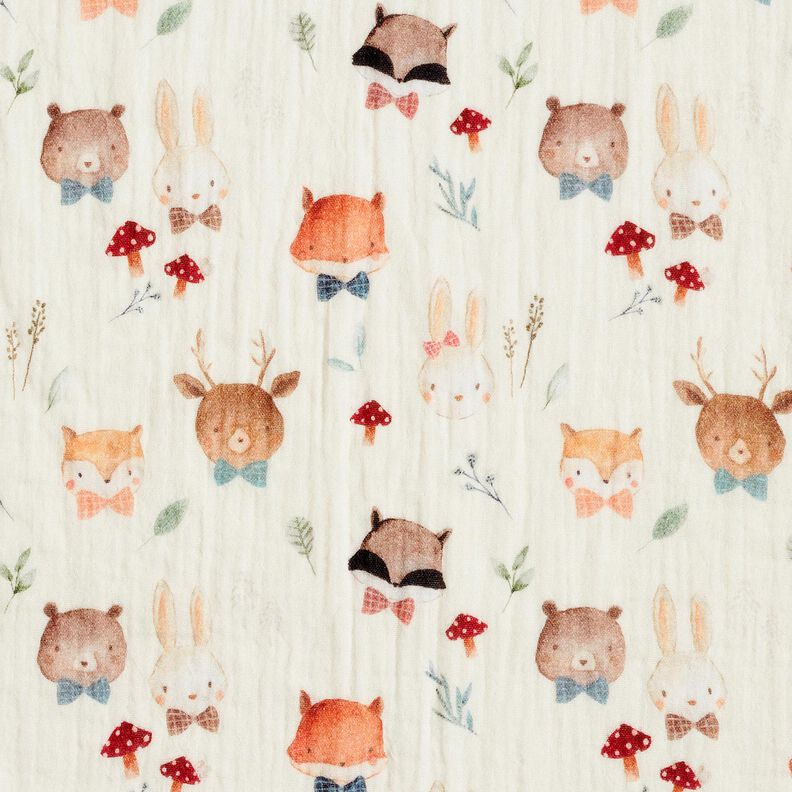 Musselina/ Tecido plissado duplo Cabeças de animais da floresta Impressão Digital – branco sujo,  image number 1
