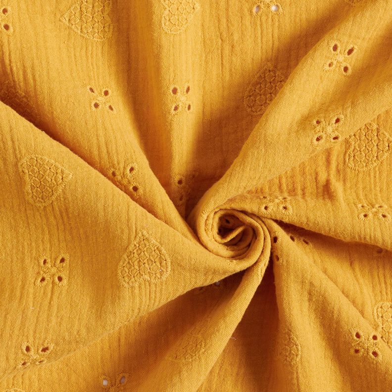 Musselina/ Tecido plissado duplo Bordado inglês Corações – amarelo-caril,  image number 3