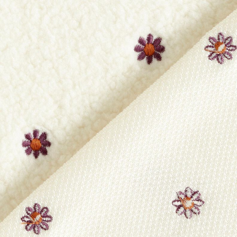 Tecido de pelúcia Teddy Pequenas flores bordadas – branco sujo/beringela,  image number 4