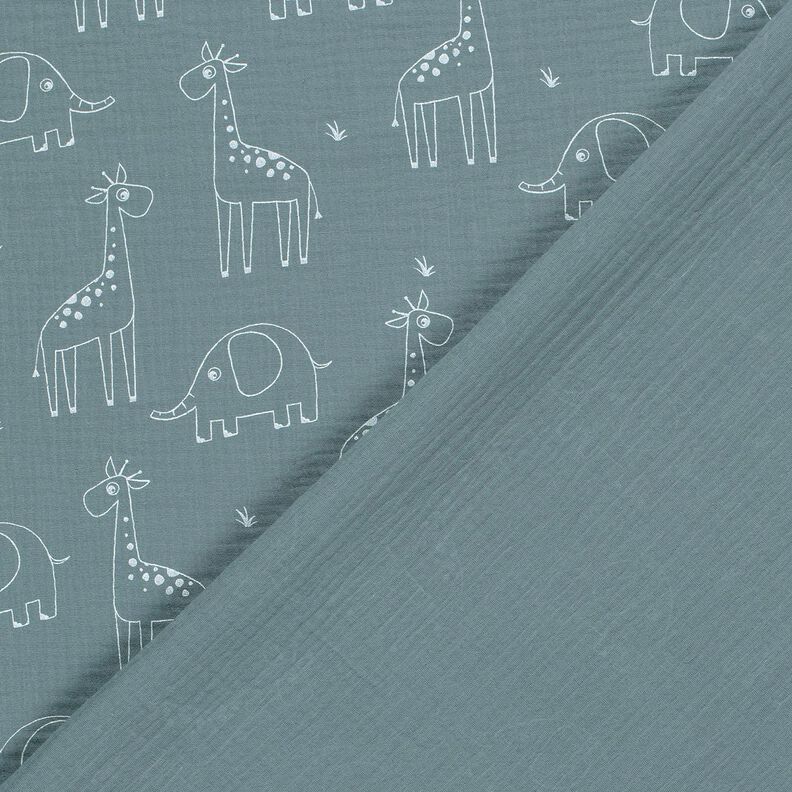 Musselina/ Tecido plissado duplo Girafas e elefantes grandes – azul-pomba,  image number 4