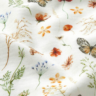 GOTS Musselina/ Tecido plissado duplo Prado de flores com borboletas Impressão Digital – branco sujo, 