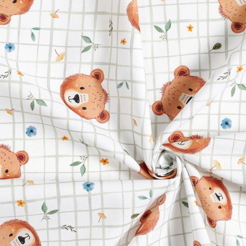 Popelina de algod&atilde;o Ursinhos de peluche em padr&atilde;o xadrez Impress&atilde;o Digital &ndash; branco/verde amarelado,  image number 3