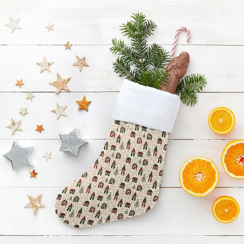 Tecido para decoração Meio linho Panamá Aldeia de inverno – natural/pinheiro escuro,  image number 5