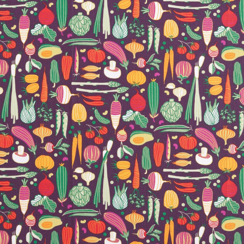 Tecido de algodão Cretone Variedade de legumes – beringela/verde,  image number 1