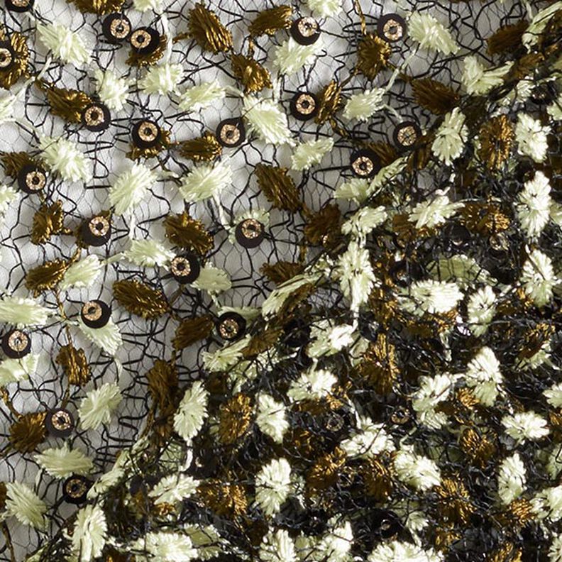 Tecido de renda Gavinha floral e lantejoulas – preto/azeitona,  image number 4