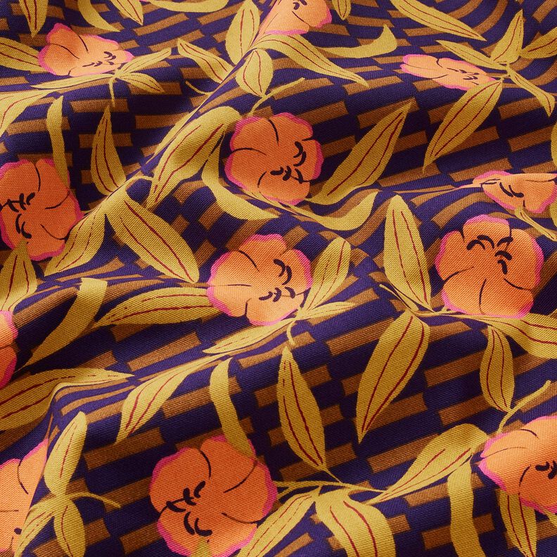 Tecido para decoração Meio linho Panamá Flores multicor – beringela/laranja-claro,  image number 2