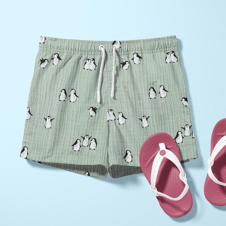 Musselina/ Tecido plissado duplo Pinguins felizes – verde amarelado,  image number 6