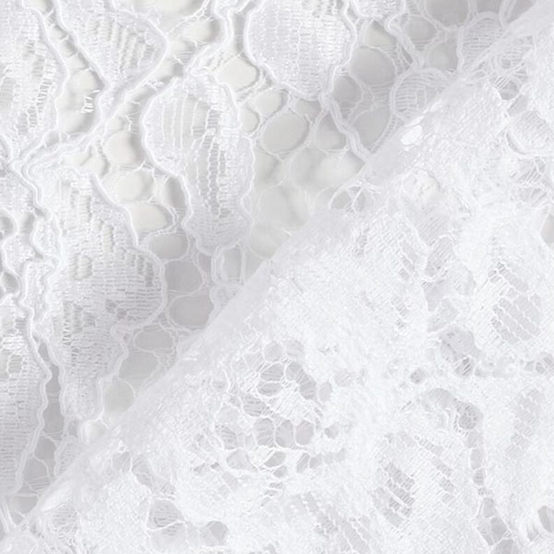 Tecido de renda às flores com rebordo arredondado em ambos os lados – branco,  image number 5