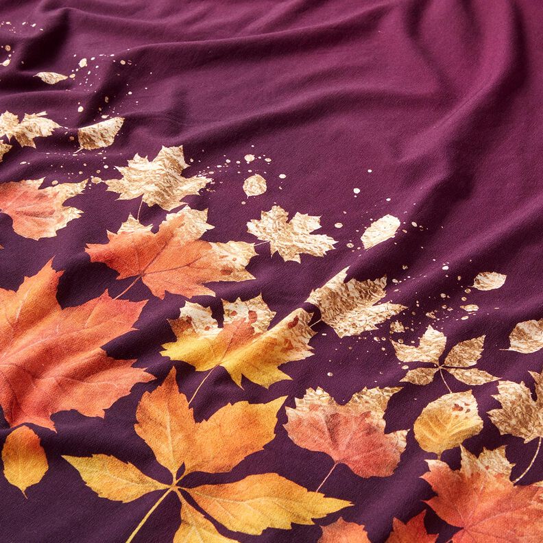 French Terry Tecido com orla Folhas de ácer | Glitzerpüppi – merlot/ouro velho,  image number 2
