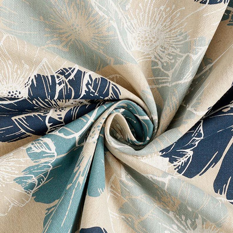 Tecido para decoração Meio linho Panamá Flores imponentes – azul-marinho/natural,  image number 3