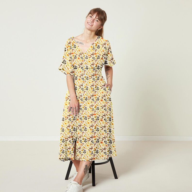 Mix de linho e viscose Folhas de outono – bege claro/laranja,  image number 5