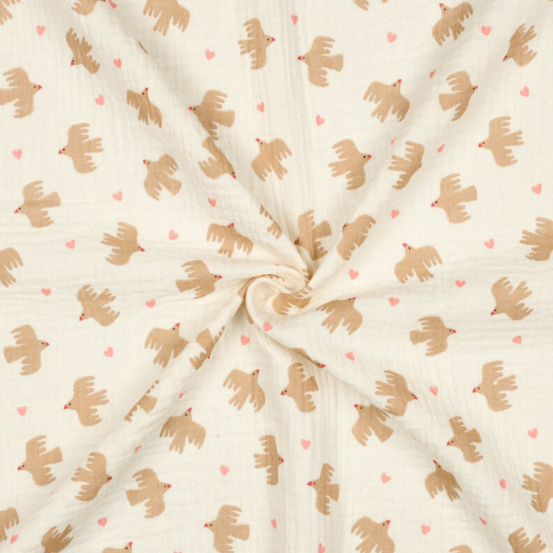 GOTS Musselina/ Tecido plissado duplo Pássaros e corações | Poppy Fabrics – branco sujo,  image number 4