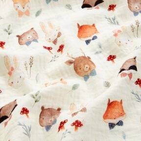 Musselina/ Tecido plissado duplo Cabeças de animais da floresta Impressão Digital – branco sujo, 