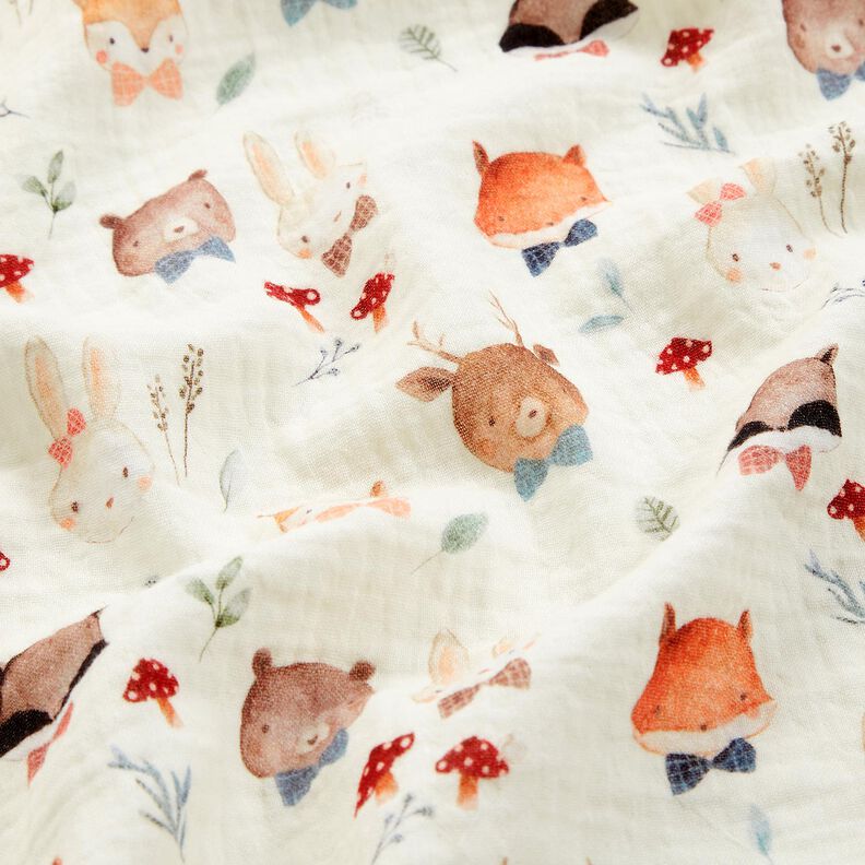 Musselina/ Tecido plissado duplo Cabeças de animais da floresta Impressão Digital – branco sujo,  image number 2