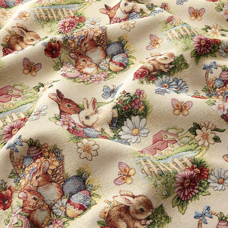Tecido para decoração Gobelina Coelhinhos de Páscoa no jardim – bege claro/baga,  image number 2
