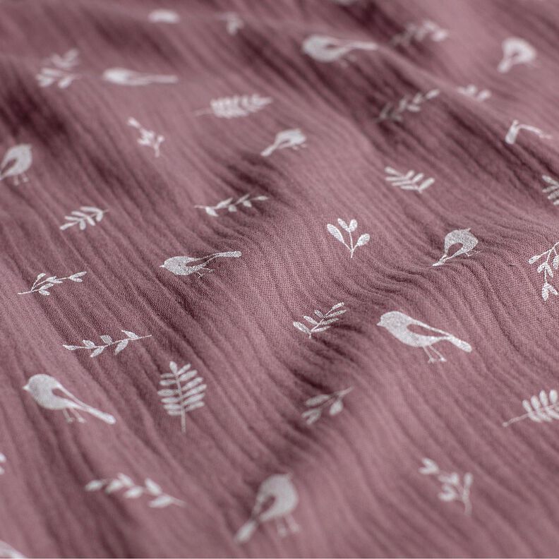 Musselina/ Tecido plissado duplo Galhos e passarinhos – beringela/branco,  image number 2